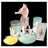 K - Coastal Decor Mixed Lot Coral Candleholders, Clay Seahorse & Shell Dishes