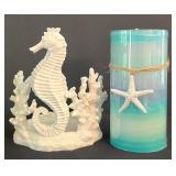 K - Coastal Decor Mixed Lot Coral Candleholders, Clay Seahorse & Shell Dishes