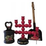 K - Vintage Scandanavian Items;  Swedish Red Lacquered Wood Candelabra & More