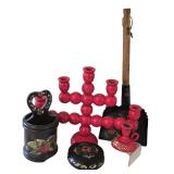 K - Vintage Scandanavian Items;  Swedish Red Lacquered Wood Candelabra & More