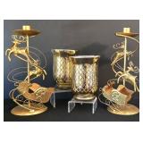 LR - Candle Holders - Gold Painted Reindeer Pair & Glass Votives Mixed Lot