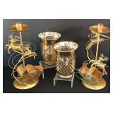 LR - Candle Holders - Gold Painted Reindeer Pair & Glass Votives Mixed Lot