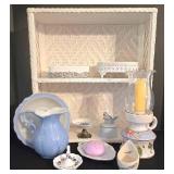 LR - Decorative Shelf Unit Mixed Lot - Wicker, Ceramics & Candle Holders