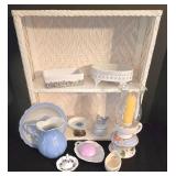 LR - Decorative Shelf Unit Mixed Lot - Wicker, Ceramics & Candle Holders