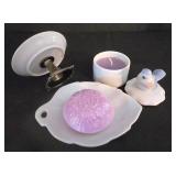 LR - Decorative Shelf Unit Mixed Lot - Wicker, Ceramics & Candle Holders