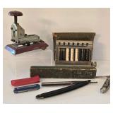 LR - Vintage Office Tools Mixed Lot Babe Stapler, Adding Machine, La Jest Straight Edge, Knife