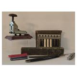 LR - Vintage Office Tools Mixed Lot Babe Stapler, Adding Machine, La Jest Straight Edge, Knife
