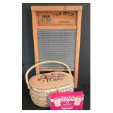 LR - Washboard, Sewing Basket & Sewing Threads Mixed Lot