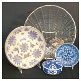 LR - Vintage Silver City Crystal Clamshell Bowl & Blue-White Porcelain Dishes Mixed Lot