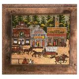 LR - Western Town Painting on Canvas Board in Rustic Wood Frame
