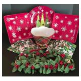 LL-ST - Christmas Serveware Mixed Lot - Teleflora Pedestal Bowl, Snowflake Plates, Holly Napkins & Tray