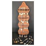 K - Collector Spoons - Vintage Wooden Wall Rack With Assorted Souvenir Spoons