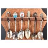 K - Collector Spoons - Vintage Wooden Wall Rack With Assorted Souvenir Spoons