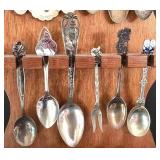 K - Collector Spoons - Vintage Wooden Wall Rack With Assorted Souvenir Spoons