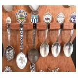 K - Collector Spoons - Vintage Wooden Wall Rack With Assorted Souvenir Spoons