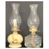 K - Vintage Oil Lamps Pair Deer Ceramic & Glass Hurricane Lamps