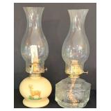 K - Vintage Oil Lamps Pair Deer Ceramic & Glass Hurricane Lamps