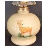 K - Vintage Oil Lamps Pair Deer Ceramic & Glass Hurricane Lamps