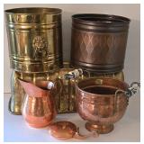 K - Copper & Brass Planters, Pitcher, Basket & Pan Mixed Lot (6 Pieces)