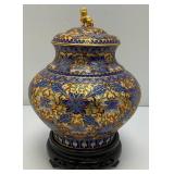 Vintage Exquisite Chinese Covered Decorative Gilded Cloisonne Urn With Wood Stand 9"