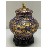 Vintage Exquisite Chinese Covered Decorative Gilded Cloisonne Urn With Wood Stand 9"