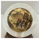 Vintage Chinese Collectible Reverse Painted Glass Crystal Ball With Stand 4"