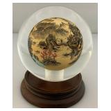 Vintage Chinese Collectible Reverse Painted Glass Crystal Ball With Stand 4"