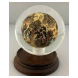 Vintage Chinese Collectible Reverse Painted Glass Crystal Ball With Stand 4"