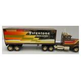 Two Vintage Nylint Pressed Steel Trucks Including Firestone Semi (Missing Pin For Trailer Hook Up) 25" And Nylint Racing Team Tow Truck (missing Tow Hook) 15"