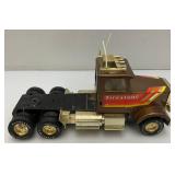 Two Vintage Nylint Pressed Steel Trucks Including Firestone Semi (Missing Pin For Trailer Hook Up) 25" And Nylint Racing Team Tow Truck (missing Tow Hook) 15"