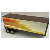 Two Vintage Nylint Pressed Steel Trucks Including Firestone Semi (Missing Pin For Trailer Hook Up) 25" And Nylint Racing Team Tow Truck (missing Tow Hook) 15"