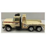Two Vintage Nylint Pressed Steel Trucks Including Firestone Semi (Missing Pin For Trailer Hook Up) 25" And Nylint Racing Team Tow Truck (missing Tow Hook) 15"