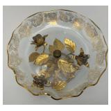 Vintage Mid-Century Gilt Italian Tole Dish 6" x 8" Gold Tone Lip And Print