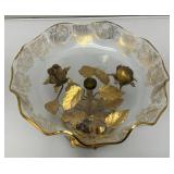 Vintage Mid-Century Gilt Italian Tole Dish 6" x 8" Gold Tone Lip And Print