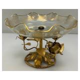 Vintage Mid-Century Gilt Italian Tole Dish 6" x 8" Gold Tone Lip And Print