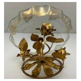 Vintage Mid-Century Gilt Italian Tole Dish 6" x 8" Gold Tone Lip And Print