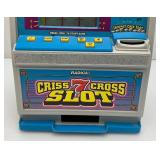 Miniature Criss 7 Cross Slot Machine Battery Operated 6" x 7 1/2" x 12 1/2" (Untested) And Casino Wheel With Original Box