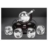 Glass Globe Decanter Set With 4 Etched Glasses