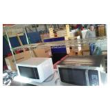 Rolling Stainless Shelving, Microwaves (2) and Stools (3).