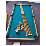Coffee Table Size Billiards (Pool) Table with Balls, Triangle, & 4 Full Size Pool Sticks Assembled is 29" Tall x 26" Wide x 49" Long