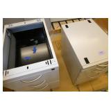 One open top file cabinet for under a desk and one mobile pedestal missing the cushion