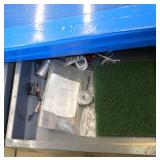72x36 Workbench with wood top and steel legs, and a couple of drawers, top is covered with a plastic