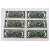 Lot of 6 Series 1976 "I" $2 Federal Reserve Notes