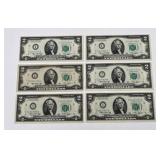Lot of 6 Series 1976 "I" $2 Federal Reserve Notes