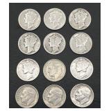 Lof of 12 Silver Dimes (90% Silver) - Mercury & Roosevelt