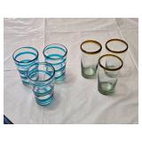 Set of Drinking Glasses Including Blue Striped and Amber-Rimmed Designs