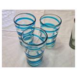 Set of Drinking Glasses Including Blue Striped and Amber-Rimmed Designs