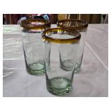Set of Drinking Glasses Including Blue Striped and Amber-Rimmed Designs