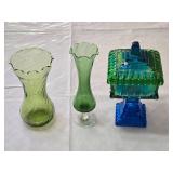 Green and Blue Glass Vases and Covered Dish