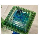 Green and Blue Glass Vases and Covered Dish